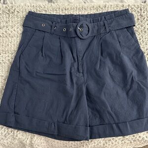 Blue Bermuda Shorts with Pleated Front and Cuffed Hem